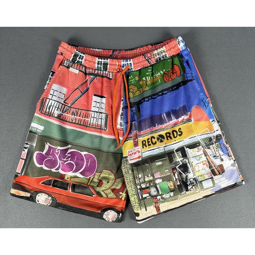 AKOO Shorts Mens Medium Colorful City Views Mesh Baggy Urban Hip Hop TI